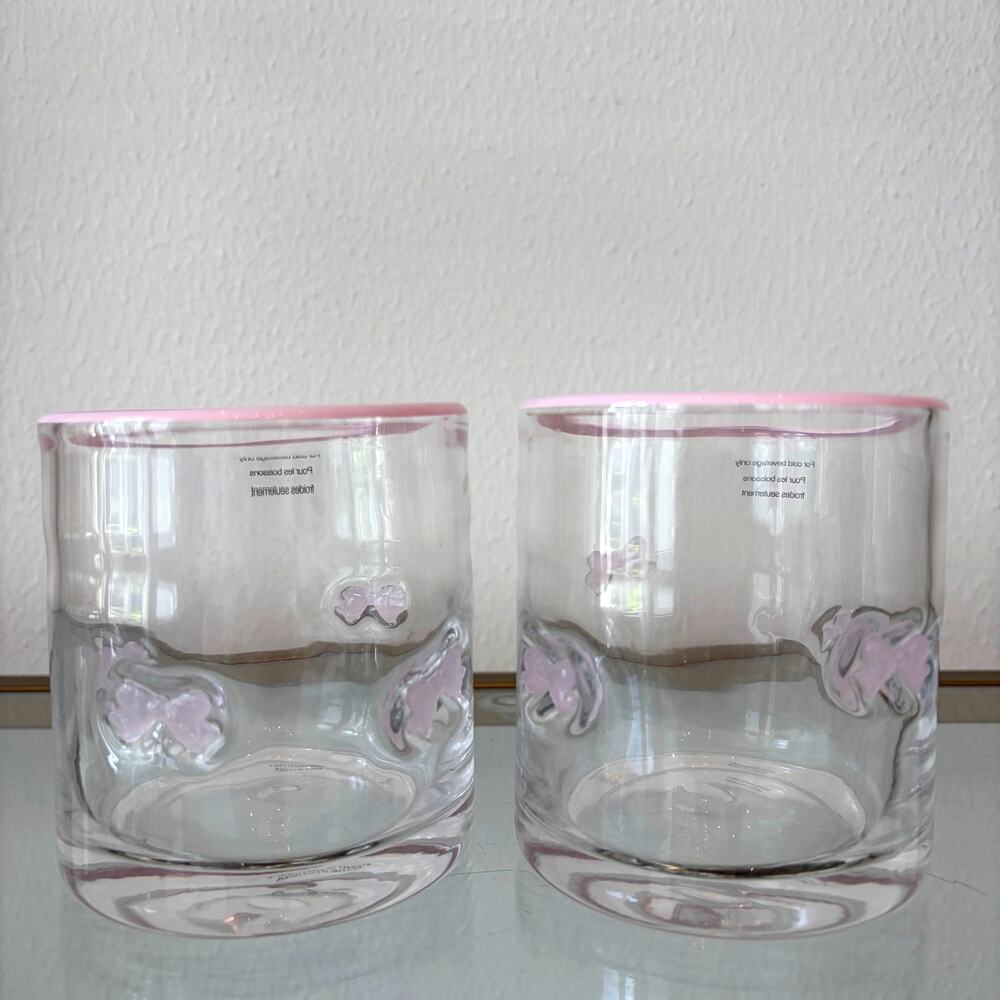 Set of 2 PINK  BOW Icon Double Old Fashioned Glasses Chic Pastel Barware NEW